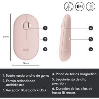 Rato Wireless Logitech PEBBLE M350 Rose 1000DPI 3 Botões CONECTIVIDAD BT  2.4GHz NANO RECEPTOR USB 1*AA