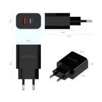 Aisens Cargador 20W USB-C PD3.0 USB-A QC3.0 Negro