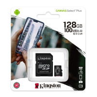 Placa MICROSD XC 128GB + ADAPTADOR KINGSTON CANVAS SELECT PLUS CLASE 10 100MBS