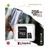 Placa MICROSD XC 256GB + ADAPTADOR KINGSTON CANVAS SELECT PLUS CLASE 10 100MBS