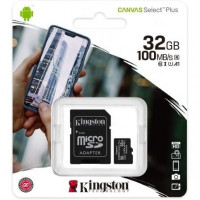 Placa MICROSD HC 32GB + ADAPTADOR KINGSTON CANVAS SELECT PLUS CLASE 10 100MBS