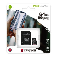 Placa MICROSD XC 64GB + ADAPTADOR KINGSTON CANVAS SELECT PLUS CLASE 10 100MBS
