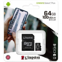 Placa MICROSD XC 64GB + ADAPTADOR KINGSTON CANVAS SELECT PLUS CLASE 10 100MBS
