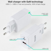 Tooq Cargador pared GAN USB-C/PD+USB-A/QC 45W